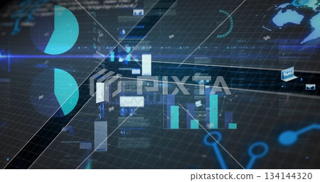 Displaying holographic bar chart floating over grid in cyber dashboard, with pie segments and nodes Displaying holographic bar chart floating over grid in cyber dashboard, with pie segments and nodes 134144320