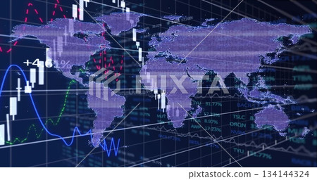 Displaying purple world map overlaying dashboard grid, with candlestick bars and line graphs 134144324