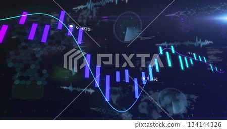 Cyan trend line linking purple-cyan bars in digital dashboard, with data markers and globe overlays 134144326