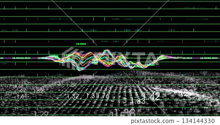 Displaying colorful waveform undulating over green grid on virtual dashboard, white numeric data Displaying colorful waveform undulating over green grid on virtual dashboard, white numeric data 134144330