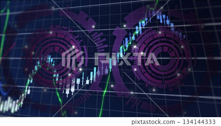 Displaying chart on trading platform with candlesticks, neon green line graph, circular HUDs Displaying chart on trading platform with candlesticks, neon green line graph, circular HUDs 134144333