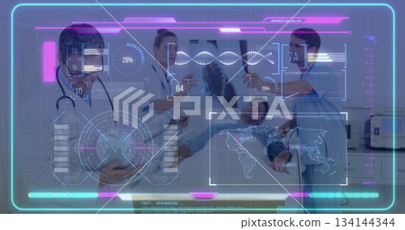 Examining doctors in white coats reviewing holographic DNA waveform, chest X-ray film in exam room 134144344