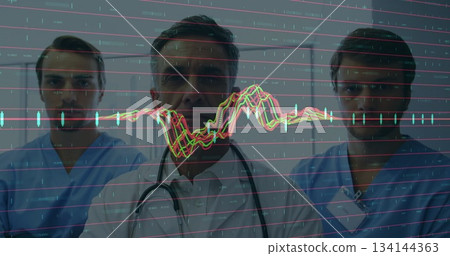 Monitoring doctors in lab coat and scrubs analyzing vitals on display in clinic, with stethoscope 134144363