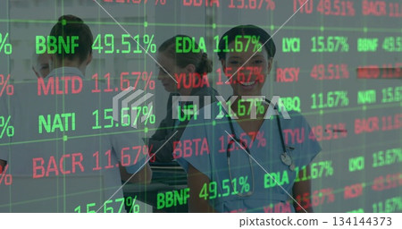 Nurse with stethoscope reviewing overlay codes and percentages at curved nurse station, copy space 134144373