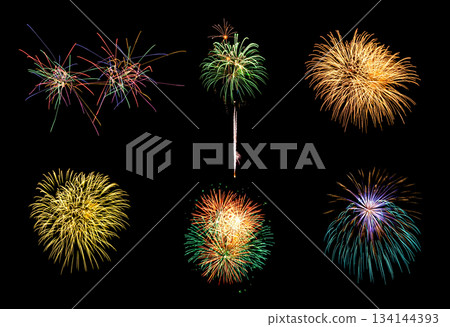Colorful assorted six fireworks selection on a black background. New Year celebration concept Colorful assorted six fireworks selection on a black background. New Year celebration concept 134144393