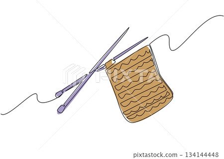 Continuous line drawing showing knitting needles with brown fabric illustrates the nature concept of handmade craft, designed for Worldwide Knit in Public Day as an international event theme. 134144448