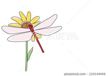 Single line drawing of a dragonfly resting gently on daisy petals in a top-view perspective, reflecting environmental beauty. This nature concept artwork represents National Dragonfly Day 134144449