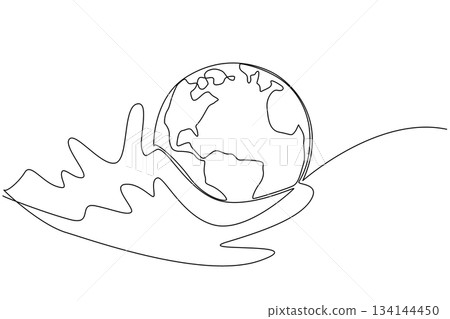 Single line drawing shows the planet Earth resting gently in flowing ocean waves, symbolizing care for marine life. A meaningful nature concept artwork for World Oceans Day awareness. 134144450