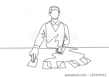 Single line drawing of a man playing tabletop card games, symbolizing creativity and entertainment. This artwork highlights business concept and celebrates International Tabletop Day event. Single line drawing of a man playing tabletop card games, symbolizing creativity and entertainment. This artwork highlights business concept and celebrates International Tabletop Day event. 134144451
