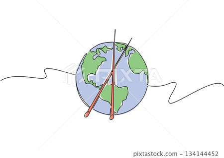 Single line drawing of the Earth crossed with knitting needles symbolizes creativity, unity, and the nature concept, designed to represent Worldwide Knit in Public Day as a global craft event. 134144452