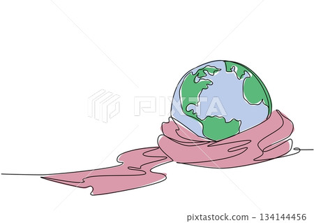 One line drawing of the Earth wrapped with a pink knitted scarf symbolizes warmth and global unity, reflecting the nature concept for Worldwide Knit in Public Day as an international celebration. 134144456