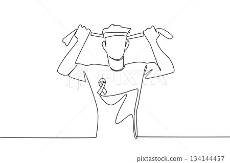 Single line drawing of young man with boxing wrap and cancer ribbon shirt, symbolizing National Cancer Thriver Day, designed as a health concept illustration theme for awareness and strength. 134144457