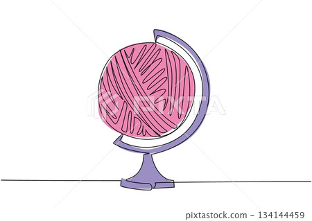 Continuous line drawing of a globe shaped like a pink yarn ball emphasizes the nature concept of global creativity, designed for Worldwide Knit in Public Day as an international craft celebration. Continuous line drawing of a globe shaped like a pink yarn ball emphasizes the nature concept of global creativity, designed for Worldwide Knit in Public Day as an international craft celebration. 134144459