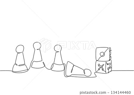 A continuous line drawing of board game pawns with dice, emphasizing strategic play and family fun. This minimal art represents entertainment concept for International Tabletop Day celebration. A continuous line drawing of board game pawns with dice, emphasizing strategic play and family fun. This minimal art represents entertainment concept for International Tabletop Day celebration. 134144460