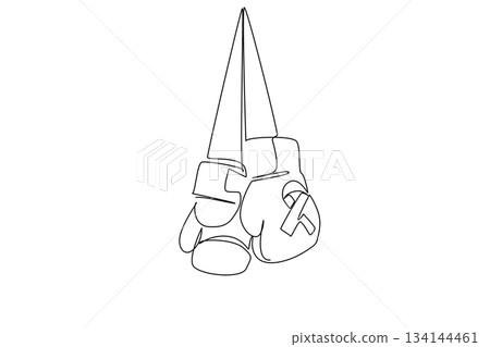 Single line drawing of hanging boxing gloves featuring cancer ribbon, symbolizing National Cancer Thriver Day, created as a health concept illustration for awareness and survivor strength. 134144461