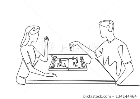 Continuous line drawing illustration of a young man and woman playing chess at a table, symbolizing International Tabletop Day with a social connection and leisure activity concept. 134144464