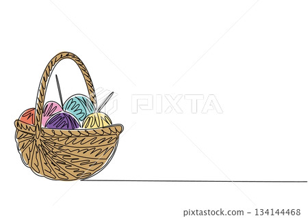 Single line drawing of a basket filled with colorful yarn balls symbolizes creativity and the nature concept, crafted for Worldwide Knit in Public Day, celebrating handmade art globally. Single line drawing of a basket filled with colorful yarn balls symbolizes creativity and the nature concept, crafted for Worldwide Knit in Public Day, celebrating handmade art globally. 134144468