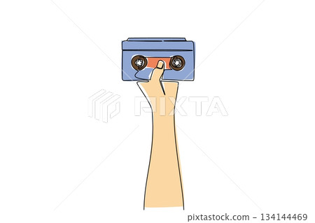 One line drawing of a human hand holding VHS cassette tape, symbolizing analog technology concept and cultural nostalgia, designed as international theme for National VCR Day celebration. 134144469