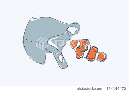 Single line drawing features a clownfish swimming near a plastic bag, illustrating a science concept for World Oceans Day theme, raising awareness of ocean plastic threats. Single line drawing features a clownfish swimming near a plastic bag, illustrating a science concept for World Oceans Day theme, raising awareness of ocean plastic threats. 134144470