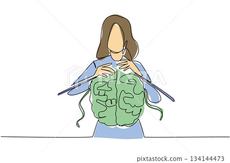 Continuous line drawing of a woman knitting green fabric reflects the handmade nature concept, created as a symbolic artwork for Worldwide Knit in Public Day, an international creative event. 134144473