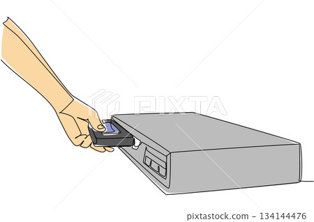 Flat continuous line drawing of a hand inserting VHS tape into a VCR, emphasizing retro technology concept and home media nostalgia, designed for National VCR Day celebration worldwide. Flat continuous line drawing of a hand inserting VHS tape into a VCR, emphasizing retro technology concept and home media nostalgia, designed for National VCR Day celebration worldwide. 134144476