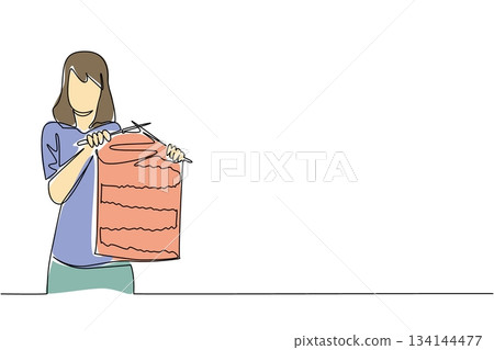 One line drawing of a woman proudly holding large red knitted fabric represents creativity and the nature concept, designed to highlight Worldwide Knit in Public Day as a global craft celebration. 134144477