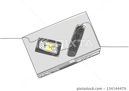 Single line drawing of a VCR machine with remote control and VHS cassette, reflecting media technology concept and analog memory, created for National VCR Day international celebration. 134144479
