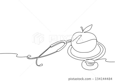 Continuous line drawing of orange connected with stethoscope, representing healthcare and nutrition concept for World Food Safety Day, symbolizing safe food choices and global wellness. Continuous line drawing of orange connected with stethoscope, representing healthcare and nutrition concept for World Food Safety Day, symbolizing safe food choices and global wellness. 134144484