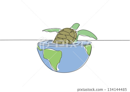 Continuous line drawing of a sea turtle swimming from a globe-shaped ocean, symbolizing marine life and global conservation, perfect for World Oceans Day nature concept design. Continuous line drawing of a sea turtle swimming from a globe-shaped ocean, symbolizing marine life and global conservation, perfect for World Oceans Day nature concept design. 134144485