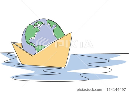 Creative single line drawing of Earth resting inside a paper boat floating on water, symbolizing global protection, environment, and sustainability for World Oceans Day international event concept. 134144497
