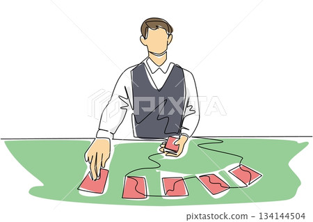 Continuous line drawing illustration of a man dealing cards on a tabletop, symbolizing strategy, fun, and creativity for International Tabletop Day in a playful game concept. Continuous line drawing illustration of a man dealing cards on a tabletop, symbolizing strategy, fun, and creativity for International Tabletop Day in a playful game concept. 134144504