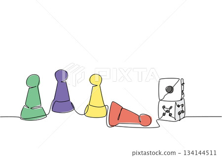 Continuous line drawing of colorful tabletop pawns with dice, symbolizing community, play, and celebration of International Tabletop Day in a cultural concept highlighting leisure and bonding Continuous line drawing of colorful tabletop pawns with dice, symbolizing community, play, and celebration of International Tabletop Day in a cultural concept highlighting leisure and bonding 134144511