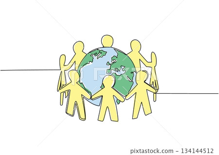 One line draw of diverse human figures holding hand around Earth, representing global unity and compassion. Design of World Caring Day with a human centered nature concept and international event 134144512