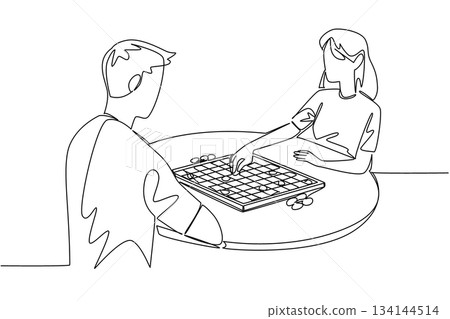 Single line drawing of a young man and woman sitting at a round table playing checkers, symbolizing International Tabletop Day with a leisure, entertainment, and friendship concept. Single line drawing of a young man and woman sitting at a round table playing checkers, symbolizing International Tabletop Day with a leisure, entertainment, and friendship concept. 134144514