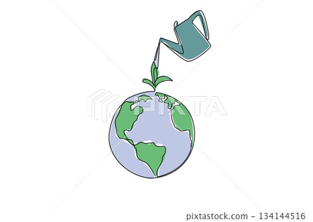 Single line drawing of a watering can caring for a sprouting plant on Earth, representing the global theme of care, sustainability, and environmental nurturing efforts promoted World Caring Day event 134144516