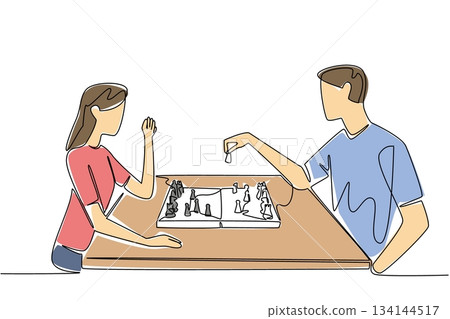 Single line drawing of a man and woman sitting at a table playing chess, symbolizing intelligence, focus, and friendship in cultural concept for International Tabletop Day celebration worldwide. 134144517