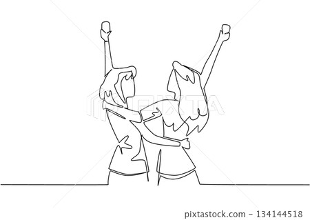 Continuous line drawing of two female best friends hugging and raising glasses in the air, celebrating National Best Friends Day with happiness and excitement in a social lifestyle concept. Continuous line drawing of two female best friends hugging and raising glasses in the air, celebrating National Best Friends Day with happiness and excitement in a social lifestyle concept. 134144518