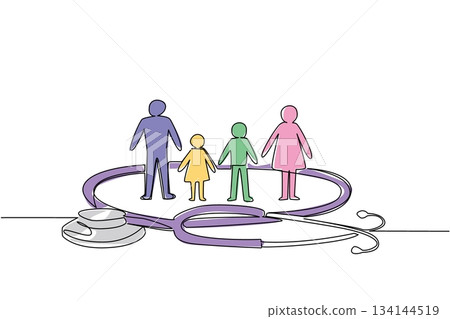 Continuous line drawing of a stethoscope surrounding a family, representing dedicated caregiving, health protection, and emotional support associated with World Caring Day global celebration Continuous line drawing of a stethoscope surrounding a family, representing dedicated caregiving, health protection, and emotional support associated with World Caring Day global celebration 134144519