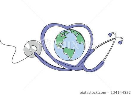 One line drawing of a heart-shaped stethoscope encircling Earth, symbolizing universal health protection, medical caring, and global compassion central to World Caring Day international event One line drawing of a heart-shaped stethoscope encircling Earth, symbolizing universal health protection, medical caring, and global compassion central to World Caring Day international event 134144522