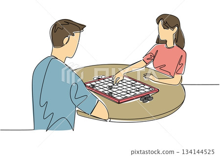 Single line drawing of a young man and woman seated at a round table playing a board game with grid pieces, highlighting culture, strategy, and community for International Tabletop Day event. 134144525