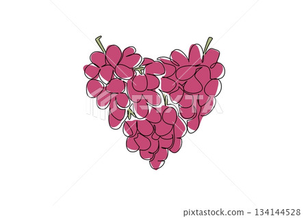 Single line drawing of grapes shaped like a heart symbolizes health concept and food concept for World Food Safety Day, promoting nutrition awareness with artistic minimal vector style. Single line drawing of grapes shaped like a heart symbolizes health concept and food concept for World Food Safety Day, promoting nutrition awareness with artistic minimal vector style. 134144528
