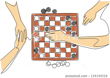Single line drawing of hands moving tokens across a tabletop board, capturing teamwork and excitement for International Tabletop Day in a gaming and leisure concept. Single line drawing of hands moving tokens across a tabletop board, capturing teamwork and excitement for International Tabletop Day in a gaming and leisure concept. 134144529