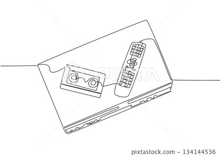 Continuous line drawing of a VCR player with remote control and VHS cassette, showing retro home entertainment. This business concept artwork celebrates National VCR Day as an international event. Continuous line drawing of a VCR player with remote control and VHS cassette, showing retro home entertainment. This business concept artwork celebrates National VCR Day as an international event. 134144536