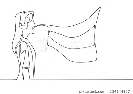 One line drawing of a young female interpreter with headphones translating Russian, celebrating the role of women in language education and international collaboration for Russian Language Day 134144537
