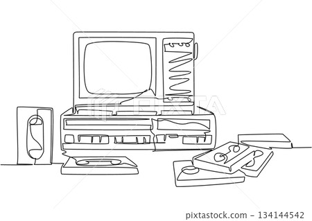 Continuous line drawing of a VCR player with monitor and VHS tapes, capturing old technology nostalgia. This industry concept design celebrates National VCR Day as an international event. Continuous line drawing of a VCR player with monitor and VHS tapes, capturing old technology nostalgia. This industry concept design celebrates National VCR Day as an international event. 134144542
