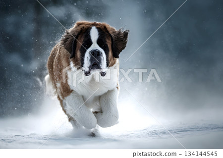 A powerful winter moment: a Saint Bernard running powerfully through the snow 134144545