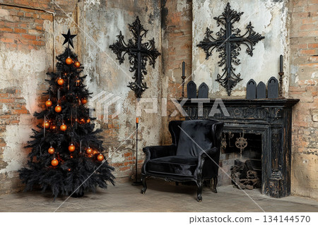 Gothic Christmas Interior with Black Trees, Crosses, and Grand Halls. AI Gothic Christmas Interior with Black Trees, Crosses, and Grand Halls. AI 134144570