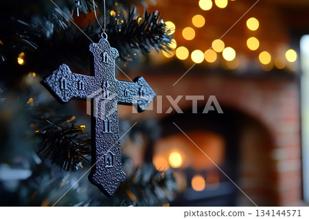 Gothic Christmas Interior with Black Trees, Crosses, and Grand Halls. AI Gothic Christmas Interior with Black Trees, Crosses, and Grand Halls. AI 134144571