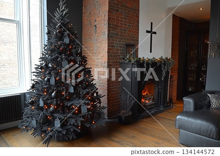 Gothic Christmas Interior with Black Trees, Crosses, and Grand Halls. AI 134144572