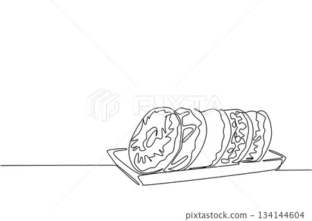 One line drawing of donuts lined up on a plate, symbolizing a food concept of indulgence and celebration, representing National Donut Day with sweetness and happiness worldwide. 134144604